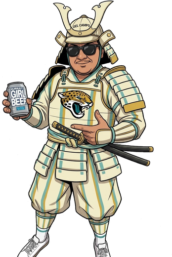 Cartoon samurai in sunglasses holding a beer